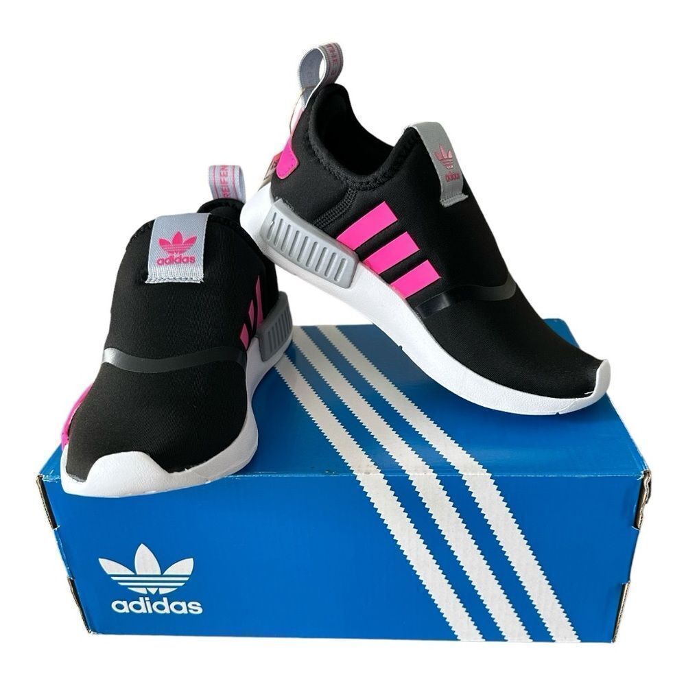Adidas Size 1 Kids MND 360 Slip On Black Shock Pink Halo Silver Sneakers